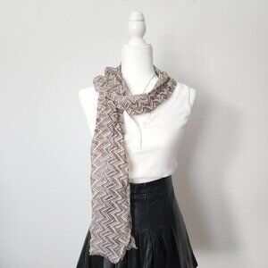 Y2K Skinny Scarf Zig Zag Print Lightweight India Brown Yellow Neutral Preppy Vtg